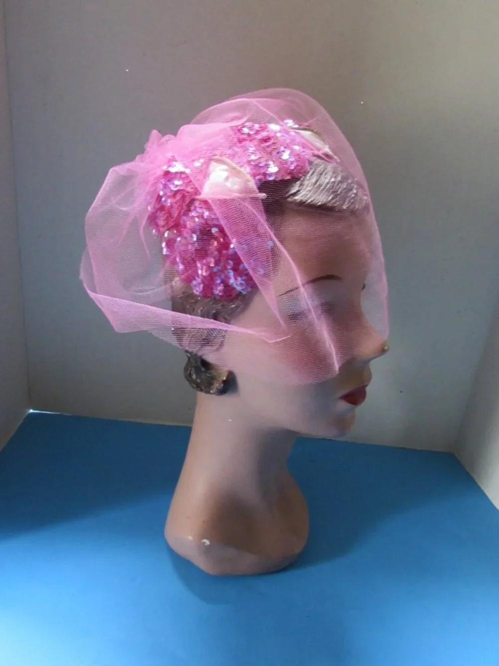 Vintage Half Hat Fuchsia Sequins Pink Veil
